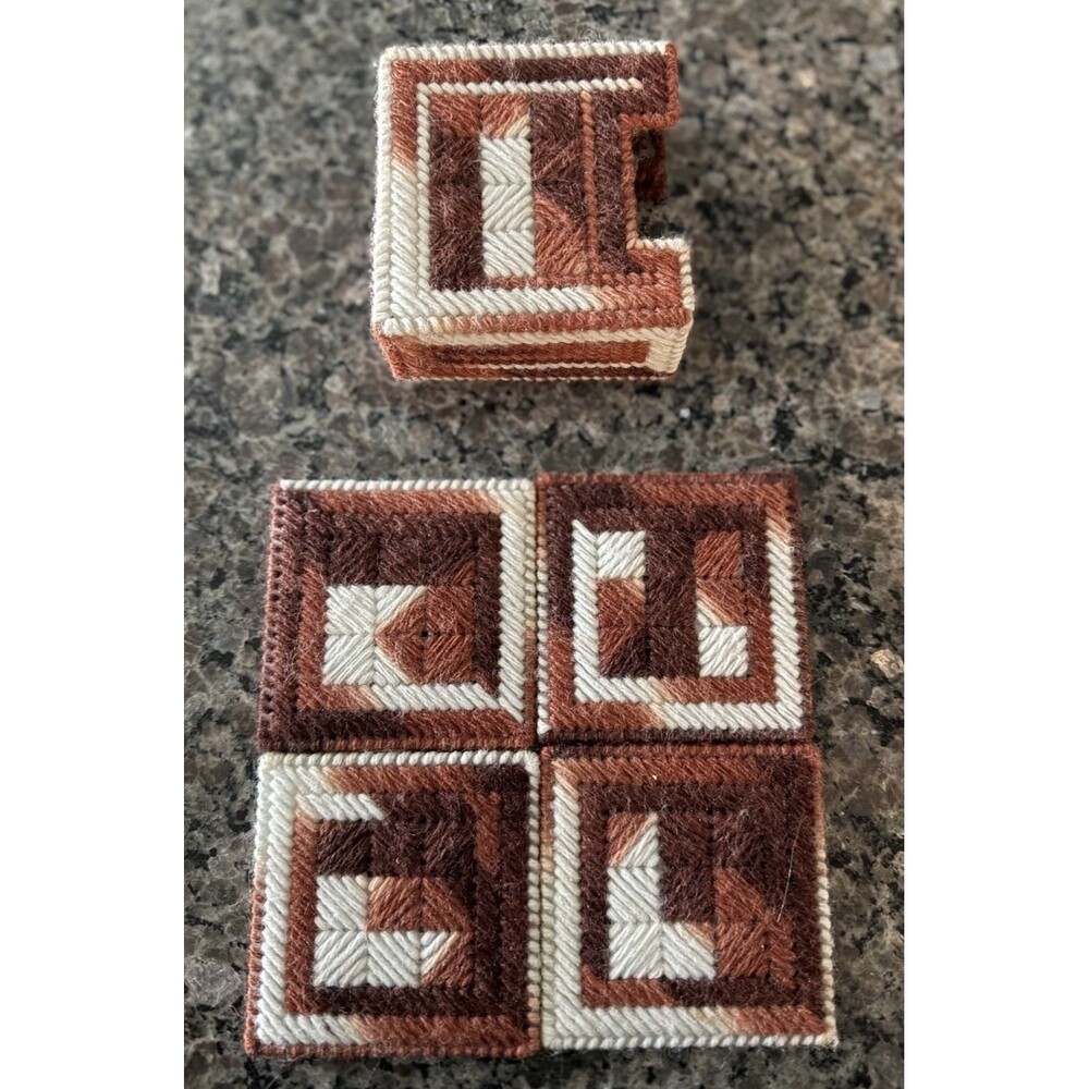 Vintage Handcrafted Canvas Drink Coasters Set with Holder Retro Brown Crochet